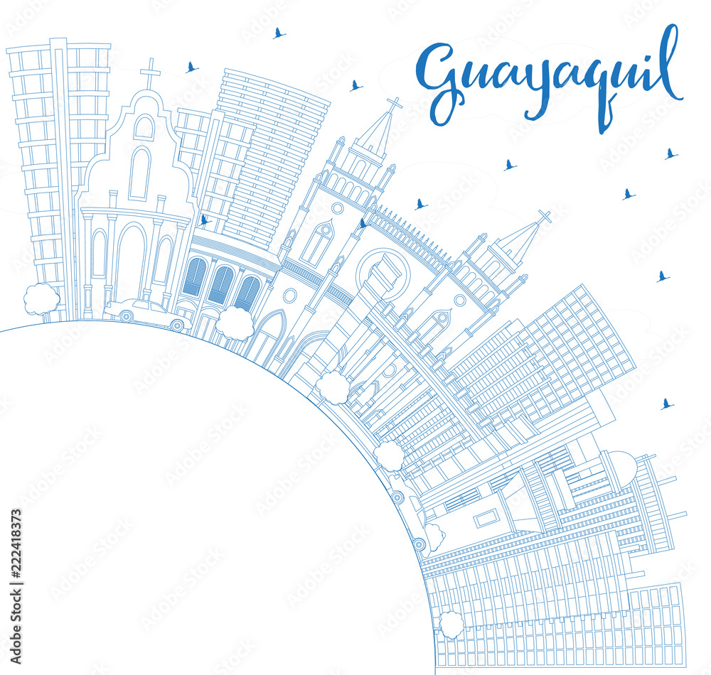 Outline Guayaquil Ecuador City Skyline with Blue Buildings and Copy Space.