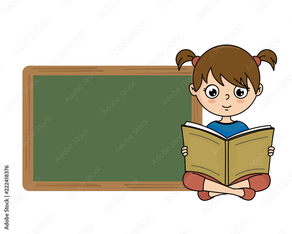 Girl reading a book next to a blackboard with space for text
