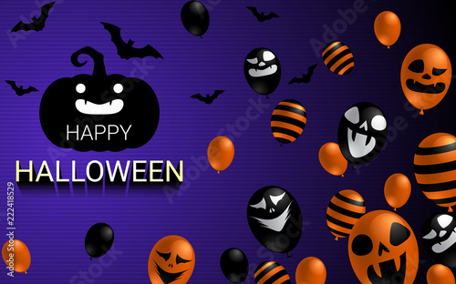 Happy Halloween banner with scary balloon on dark background design. Halloween celebration concept advertising vector illustration.