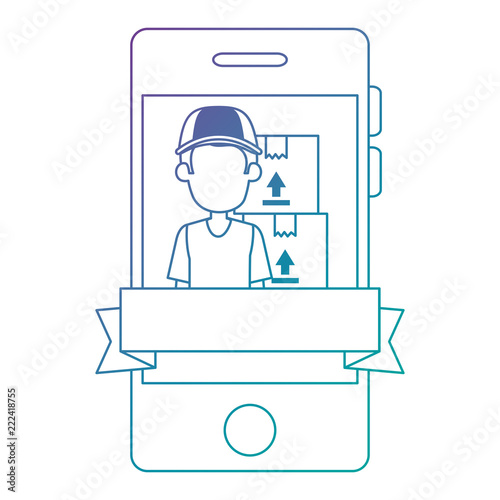 smartphone with delivery worker and boxes