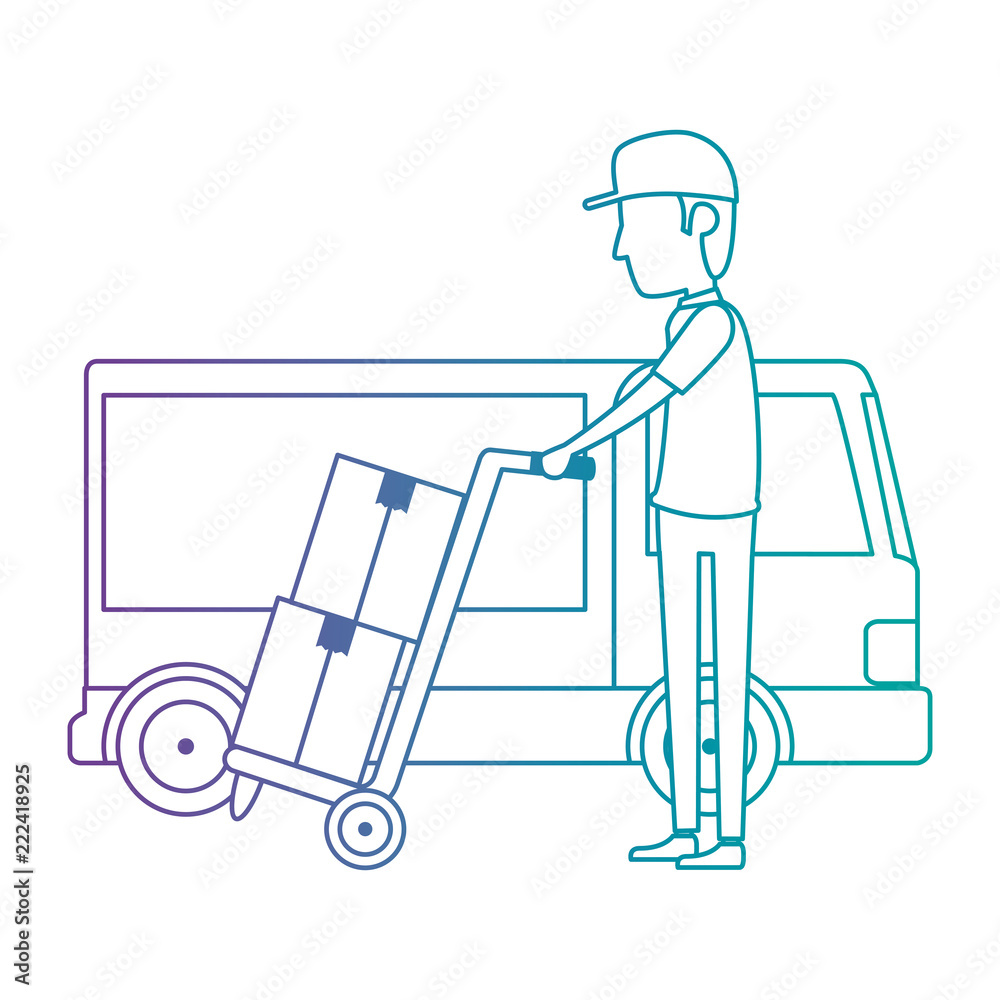 delivery worker with cart and truck delivery worker with cart and truck