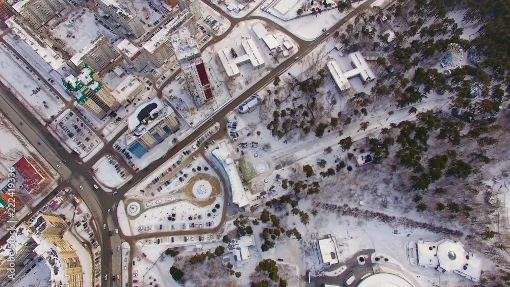 View from the Aero fly over the Park recreation area in winter. Zoo in the city View from the Aero fly over the Park recreation area in winter. Zoo in the city