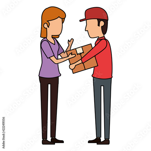 delivery worker lifting box and receiving woman