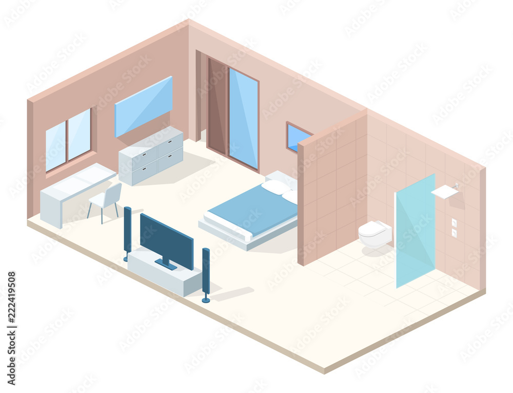 Bedroom or hotel room interior in cross section vector illustration. Modern minimalistic comfortable design of bed and toilet and shower with furniture, blanket on bed, table and chair with TV set