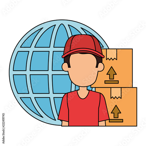 delivery worker with boxes and planet