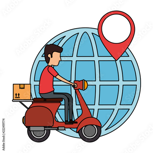 delivery worker in motorcycle and planet