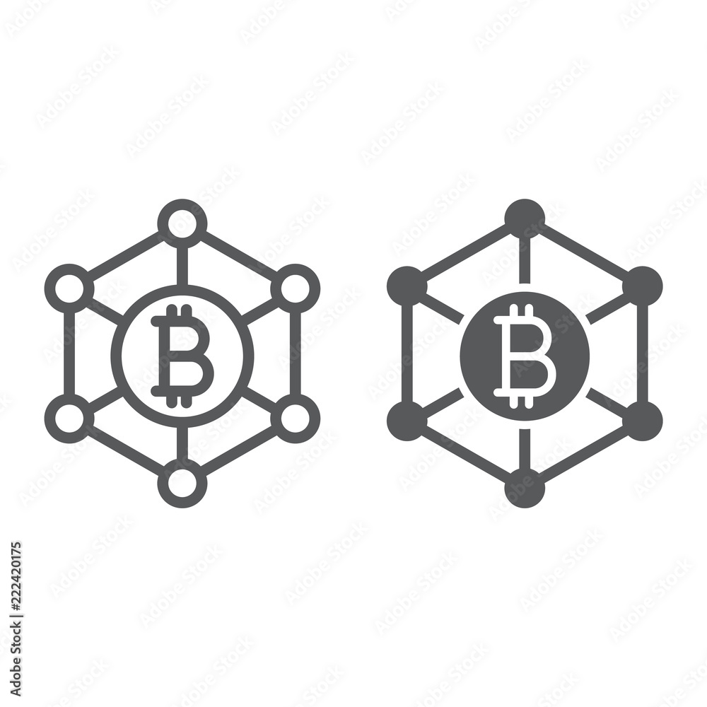 Bitcoin network line and glyph icon, money