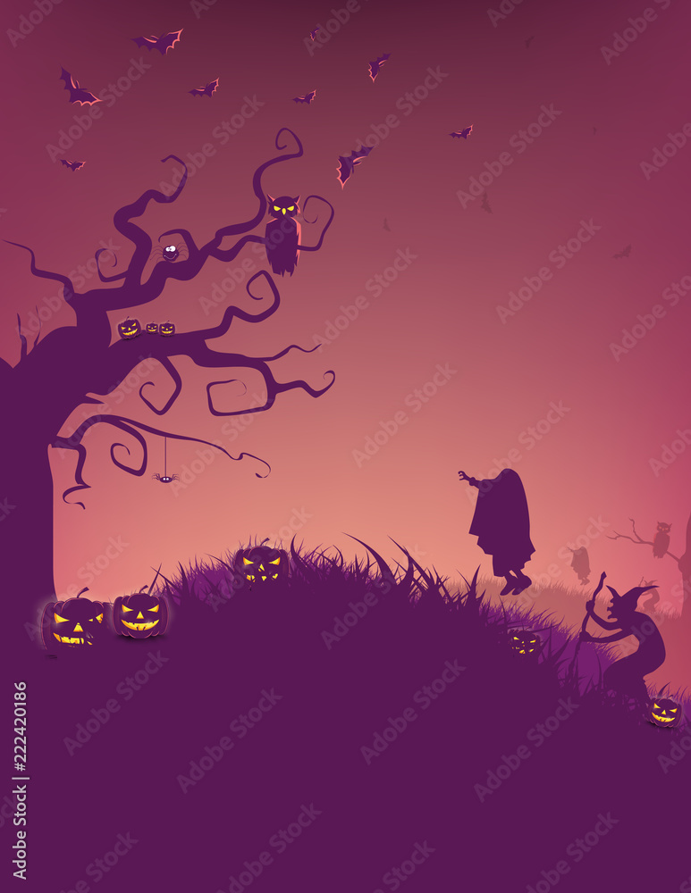 Halloween background. Spooky forest with dead trees and pumpkins and wooden table. Wood table. Halloween design with pumpkins.
