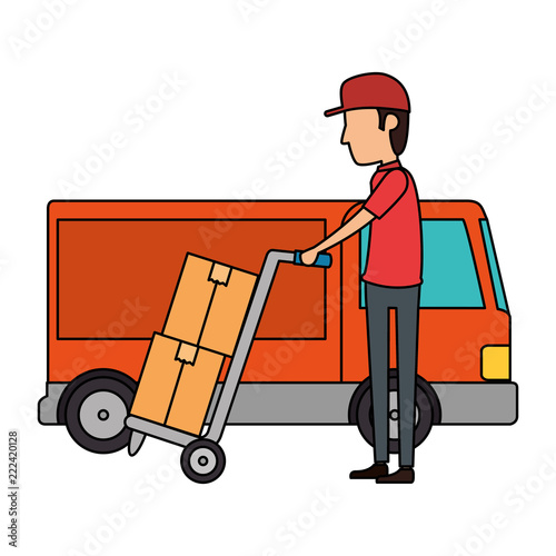 delivery worker with cart and truck