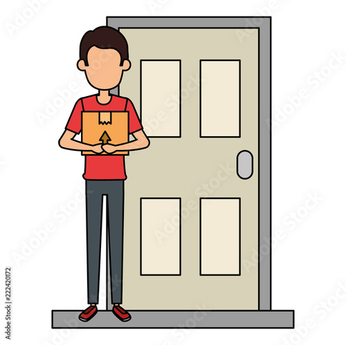 delivery worker lifting box in door