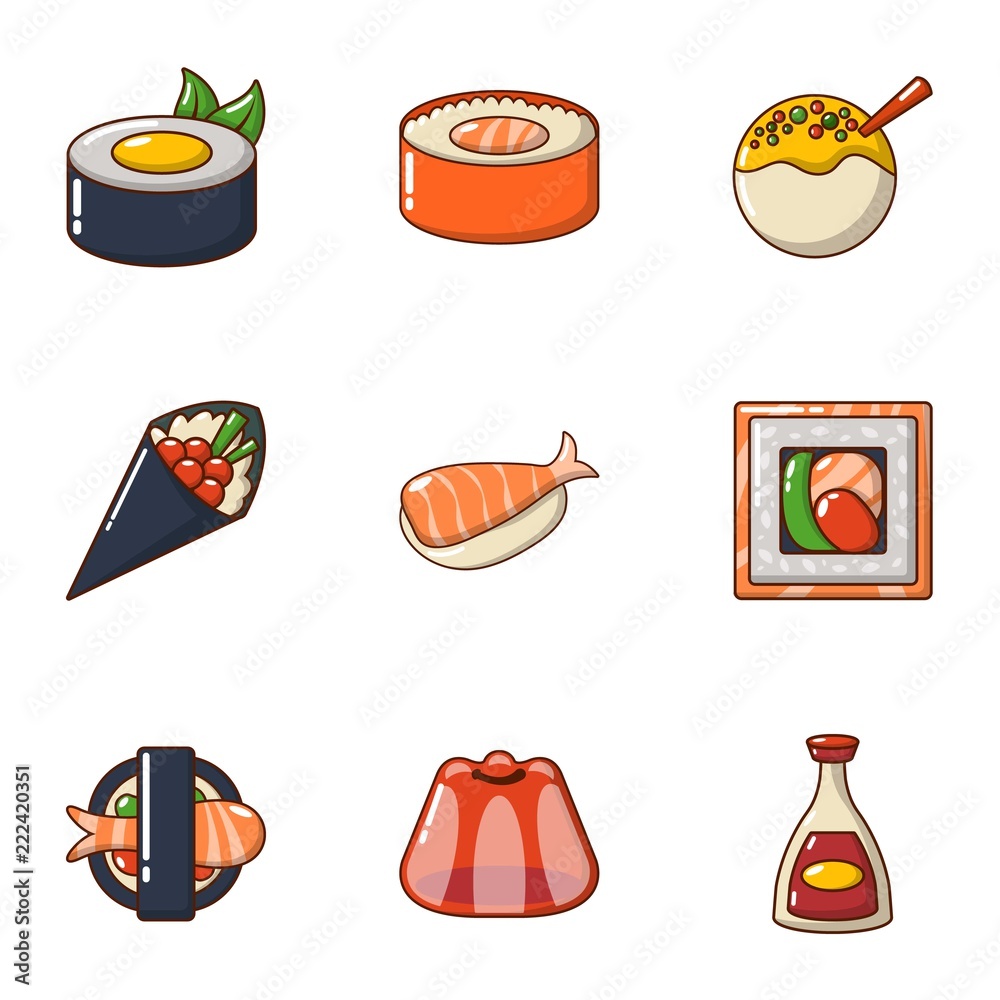 Fresh sushi icons set. Cartoon set of 9 fresh sushi vector icons for web isolated on white background