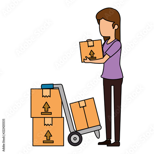 woman receiving merchandise with boxes and cart