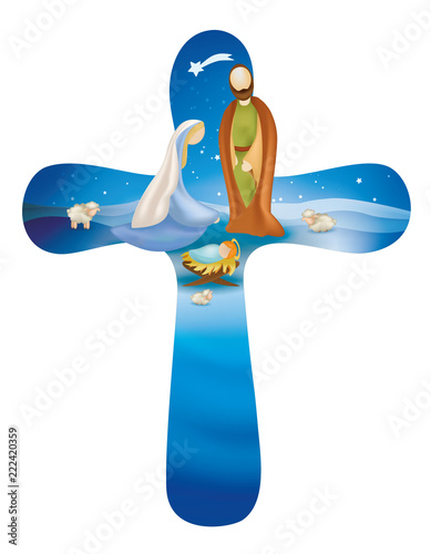Rounded christian cross whit vector nativity scene on blue background