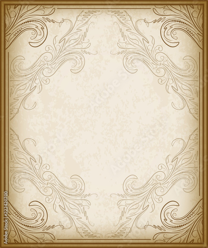 Old frame with the blacked out edges and a blank space for text. Retro vintage greeting card, invitation or template for notes.