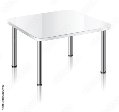 Modern square table with white glossy surface, chrome table legs and mirror shadow.