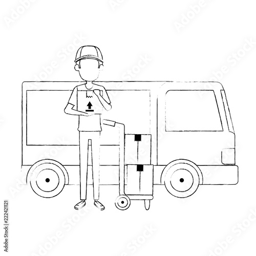 delivery worker with cart and truck