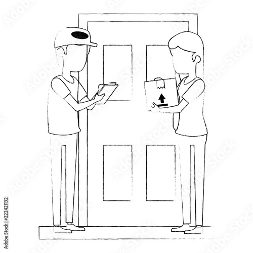 delivery worker with woman receiving in door