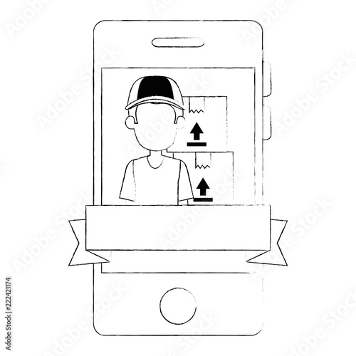 smartphone with delivery worker and boxes
