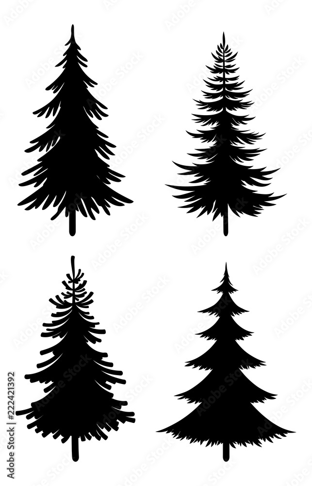 Christmas Fir Trees Set, Black Silhouette Pictograms Isolated On White Background, Winter Holiday Symbols. Vector