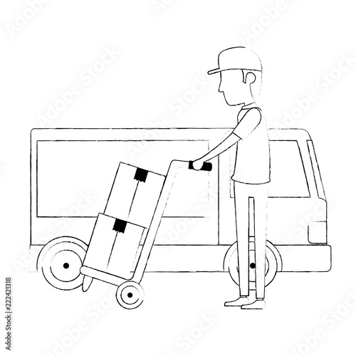delivery worker with cart and truck