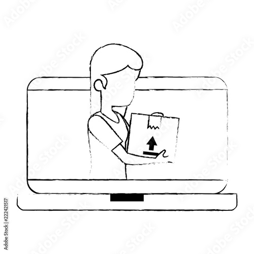 laptop with woman receiving merchandise