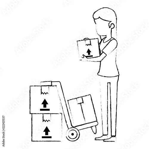woman receiving merchandise with boxes and cart