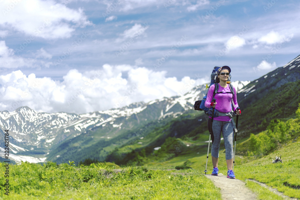 Naklejka premium Trekking in the Canadian mountains.Hike is the popular recreation activity in North America.