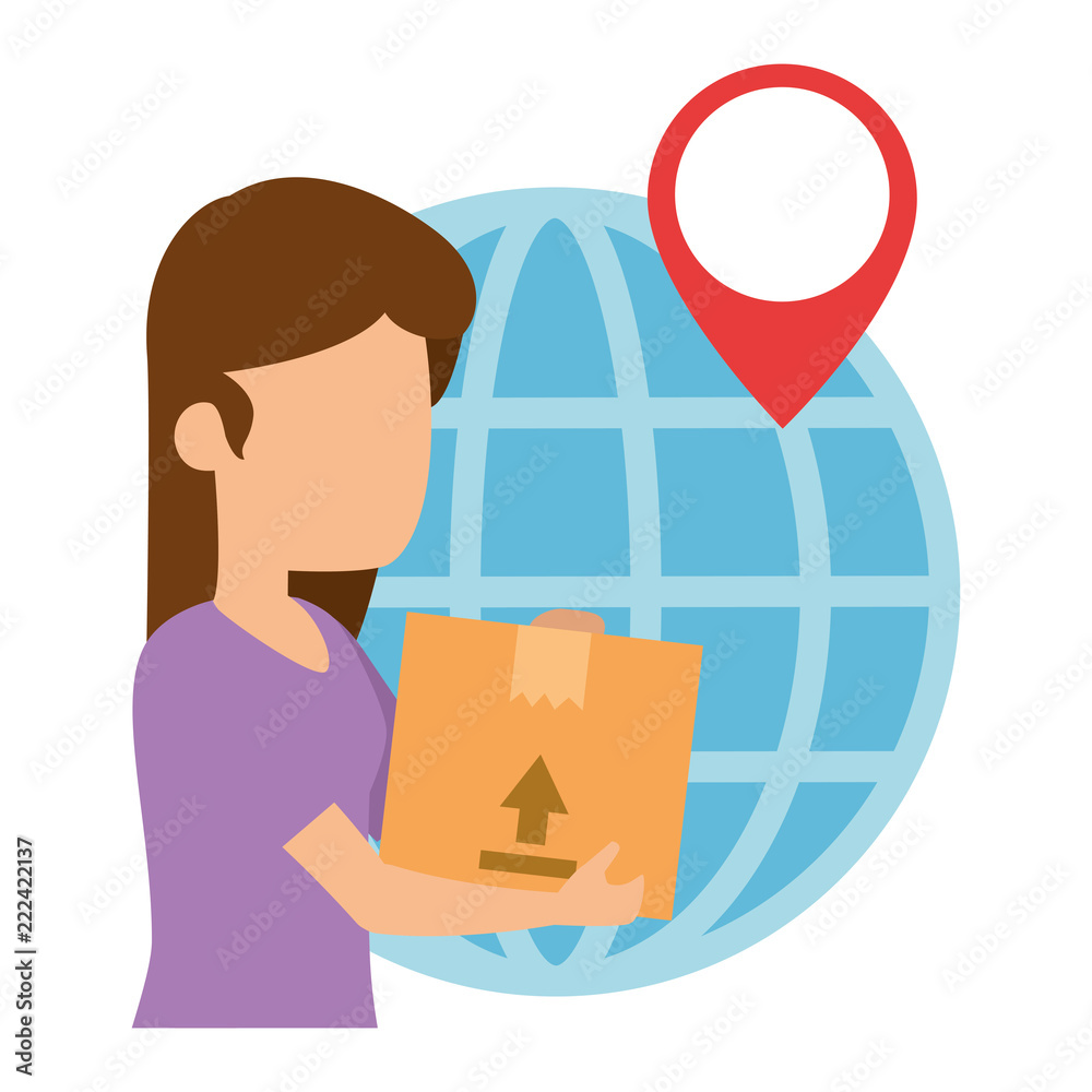 woman receiving merchandise with box and planet woman receiving merchandise with box and planet