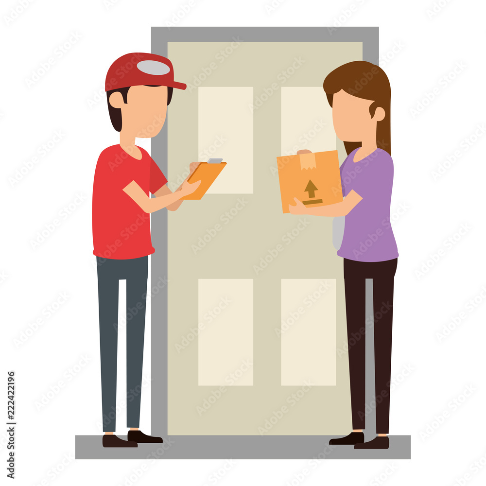 delivery worker with woman receiving in door delivery worker with woman receiving in door