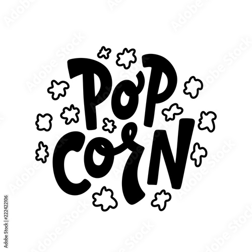 Popcorn text label with popping. Hand drawn typography sign. Black and white logo. Vector illustration. Graphic Design for print on pack, packaging, tee t shirt, poster, banner, flyer card. photo