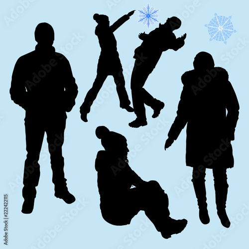 Vector isolated silhouettes of a group of people in winter clothes full-length of a male young woman playing indulge. Profile sitting girl in a jacket cap, Snowflake blue background five people.