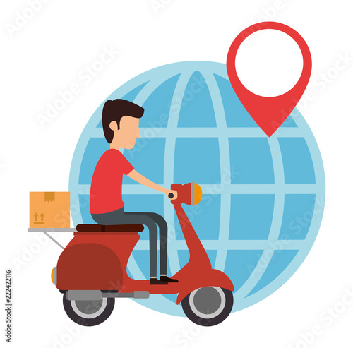 delivery worker in motorcycle and planet