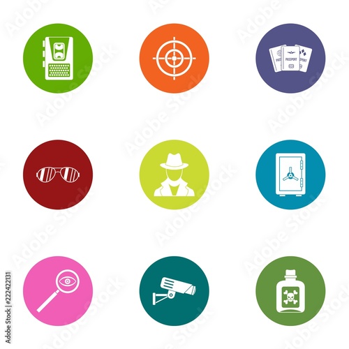 Global espionage icons set. Flat set of 9 global espionage icons for web isolated on white background