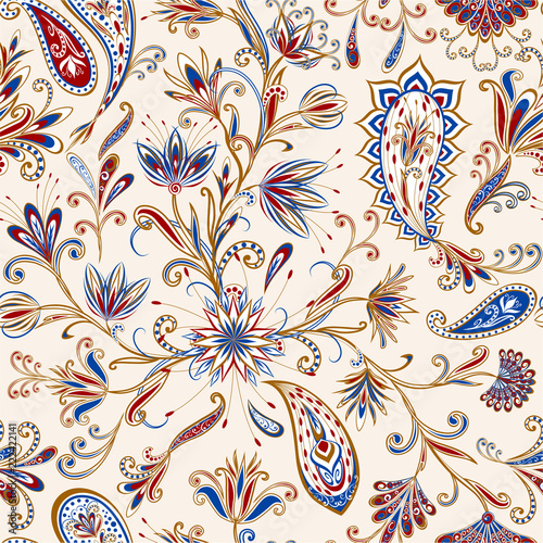 Abstract vintage pattern with decorative flowers  leaves and Paisley pattern in Oriental style.
