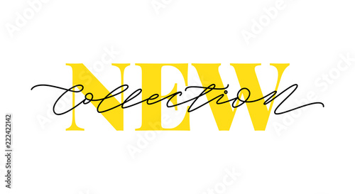 New collection yellow text on white background. Modern brush calligraphy. Vector illustration. Hand drawn lettering word. Design for social media, print lables, poster banner etc