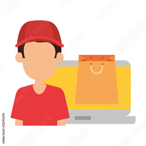 laptop with delivery worker and shopping bag