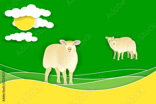 Sheep on a green pasture. Paper cut shapes and layers