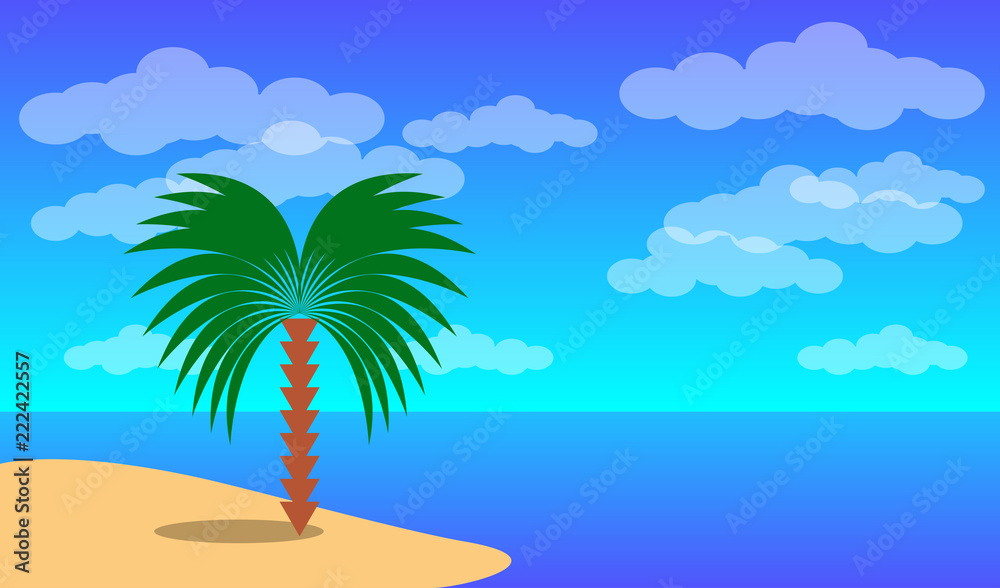 Sea landscape. Blue sea and palm tree ashore