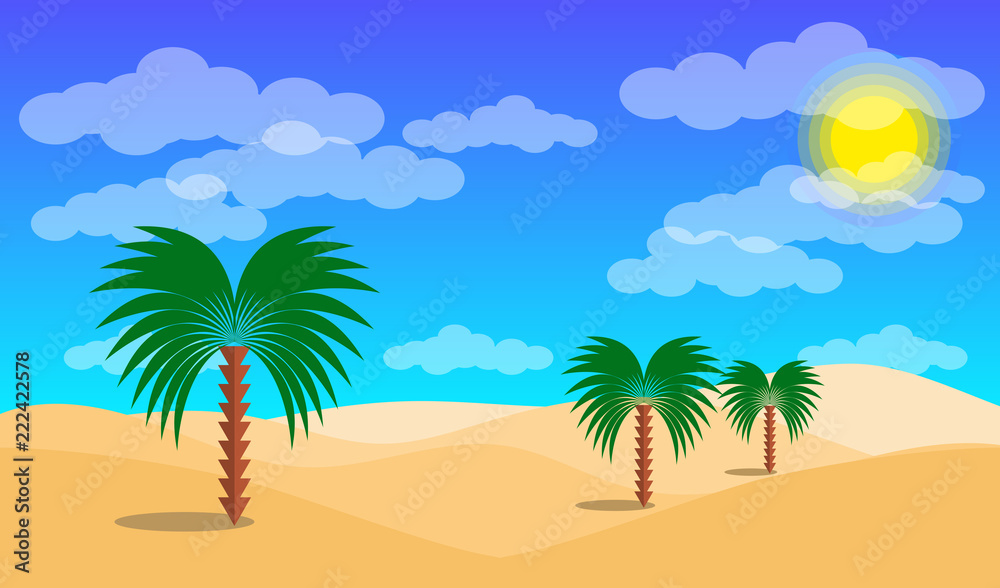 Desert landscape with palms and sand desert