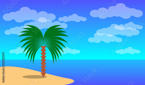 Sea landscape. Blue sea and palm tree ashore