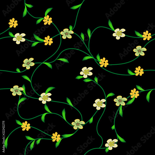 Vector seamless floral pattern with small yellow flowers against the background of interwoven stems and leaves on black