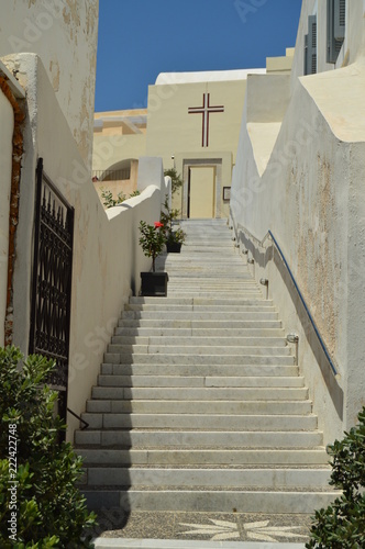 Beautiful Entrance Through A Stairs To One Of The Churches Of The Beautiful City Of Fira On The Island Of Santorini. Architecture  landscapes  travel  cruises. July 7  2018.  Santorini  Thera. Greece.