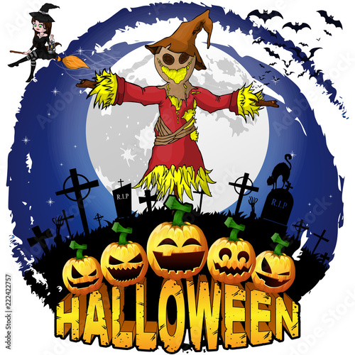 Halloween Design template with scarecrow. Vector illustration.