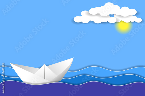 Paper ship in ocean waves. Paper layers and shapes as sea landscape