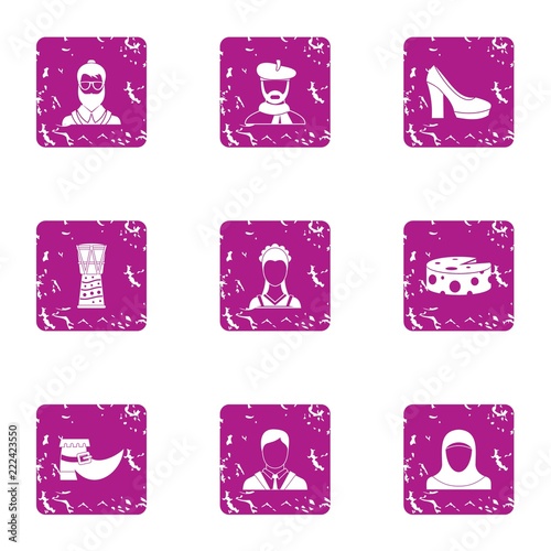 Visage icons set. Grunge set of 9 visage vector icons for web isolated on white background