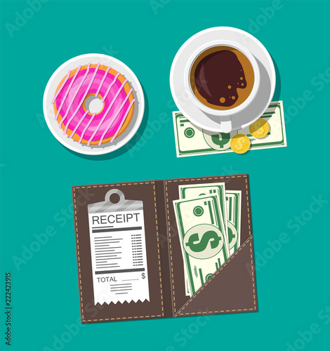 Folder with cash coins, cashier check. Coffee cup