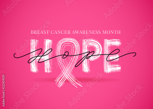 Hope word with pink ribbon symbol. Breast cancer awareness month. Vector illustration. Modern brush calligraphy. Text concept