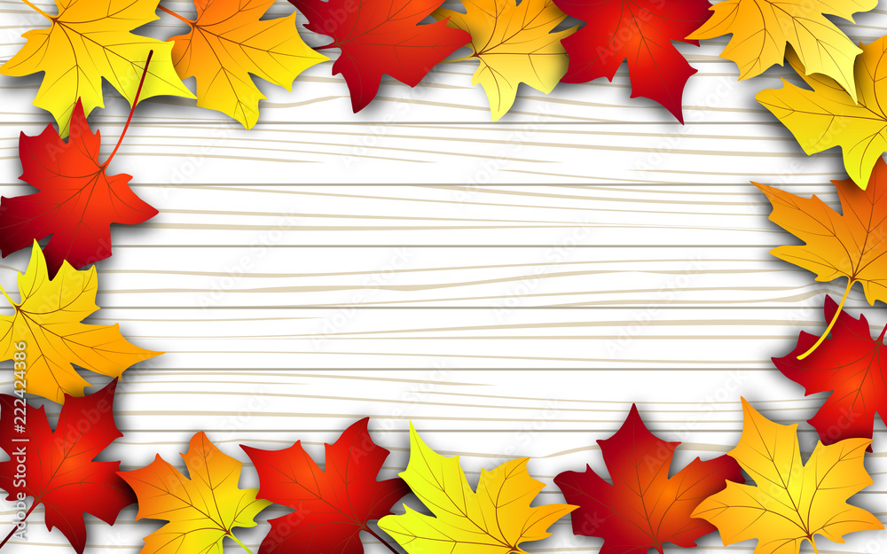Autumn leaves. Fall colorful maple leaves on wood background. Top view. Vector illustration Autumn leaves. Fall colorful maple leaves on wood background. Top view. Vector illustration