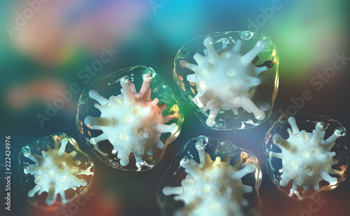 Microbial colony. Virus in living cells. Reproduction of microorganisms, germs and viruses. Immunity of a person. Viral infection attacks the human body. 3D colorful illustration on microbiology © Siarhei