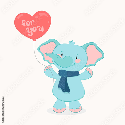 Friendly Elephant boy with balloon cartoon hand drawn vector illustration for baby t-shirt print  fashion print design  kids wear  clothes  baby celebration greeting and invitation card.
